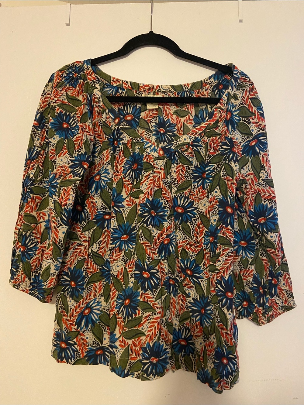 Lucky Brand Blue Floral Peasant Top with Olive and Red Accents